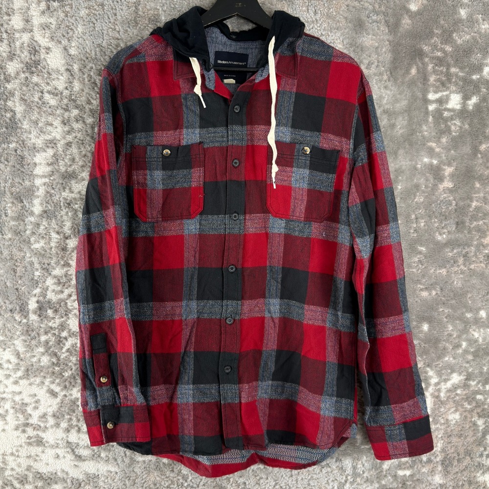 New Modern Amusement Size L Plaid Hooded Flannel Shirt Red Black Long Sleeve Men